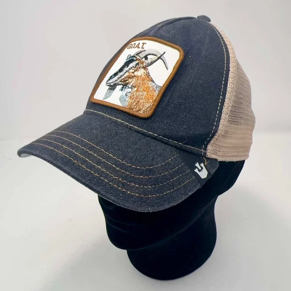 Goorin‎ Bros The Farm GOAT Trucker Hat Navy Blue Beige Mesh Denim Snapback Cap